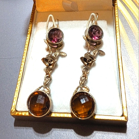 Art Nouveau Long Bronze Paste Stone Earrings - Picture 4 of 6